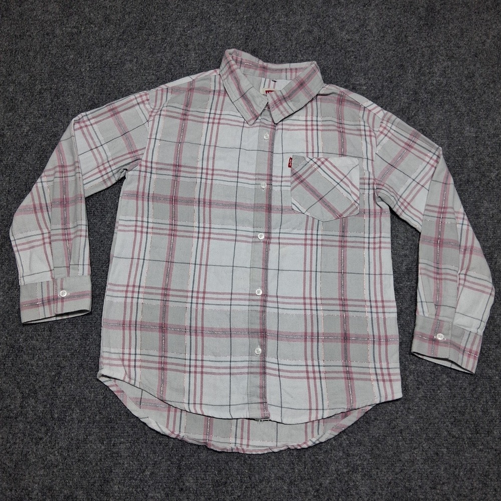 Levi's San Francisco California Girls Button Up Pink Gray Flannel Shirt 10/12